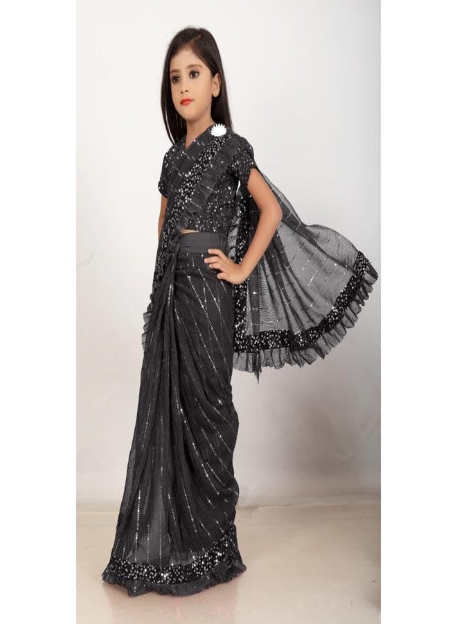 MEBBER Girl's Sequin Super Net Kids Saree Elegant Ethnic Wear for Girls Includes Stylish Separate Blouse Piece (Grey, 5-6 Years) - Image 3